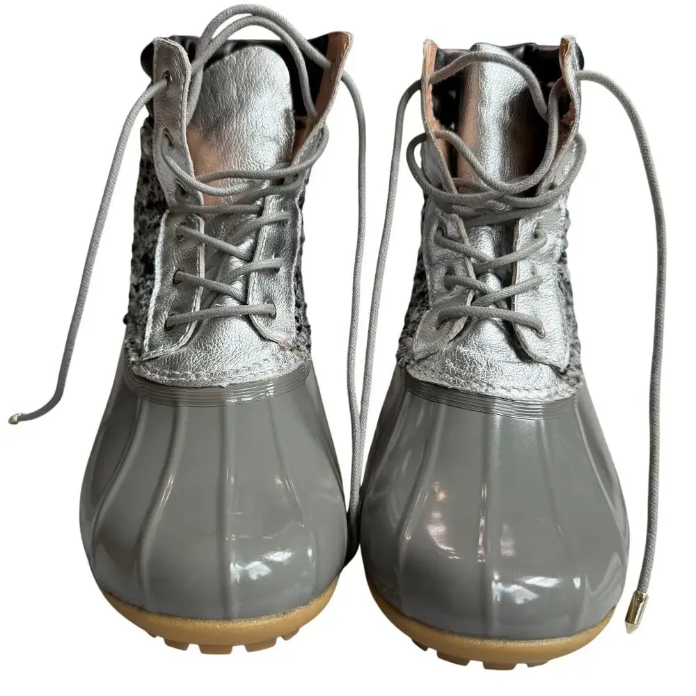 Sam Edelman Rain Boots Women's 8 Gray Silver Duck Boots Lace Up Tweed Waterproof